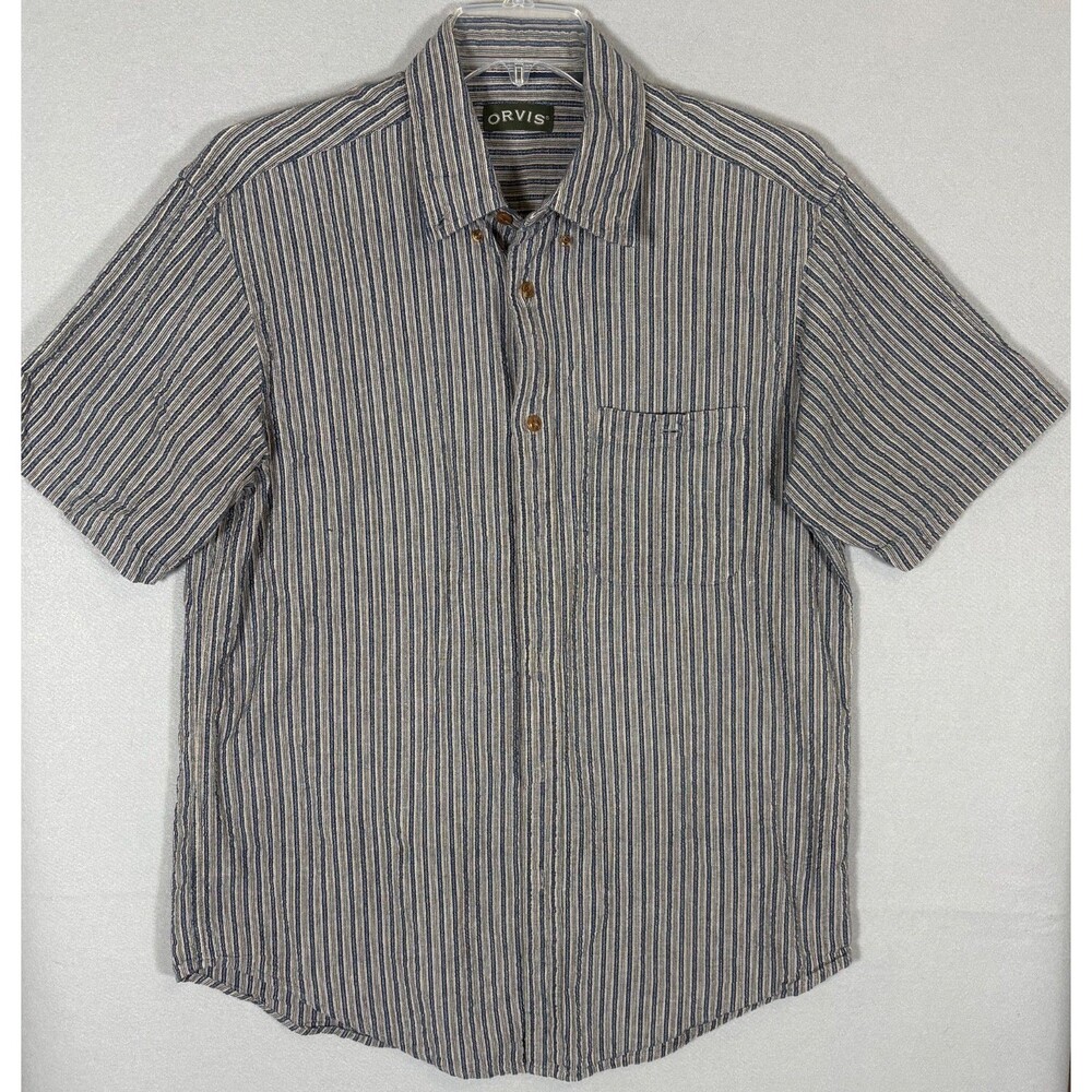 Orvis Seersucker Shirt Mens L  Blue Striped Casual Resort Coastal Style Shirt